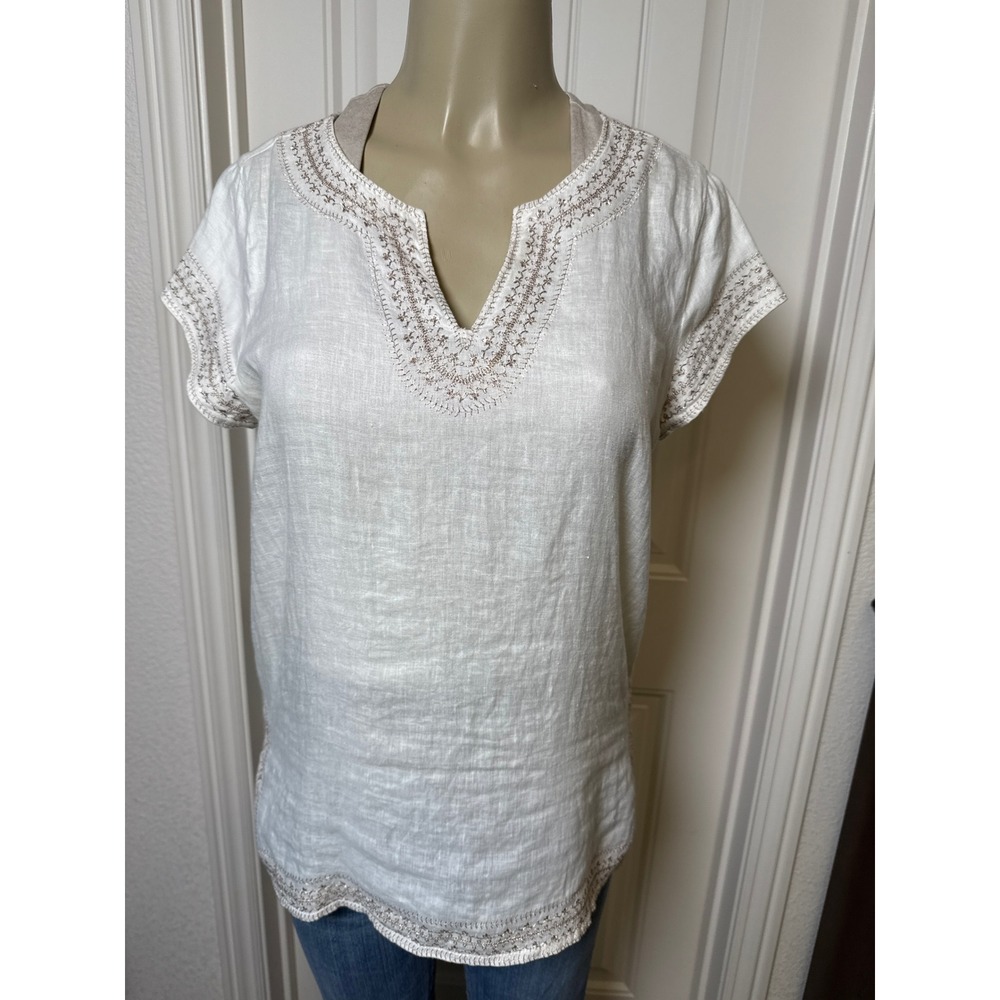KENAR White Linen V-Neck Embroidered Tunic Top‎ SS, Sz S, vacation, minimalist